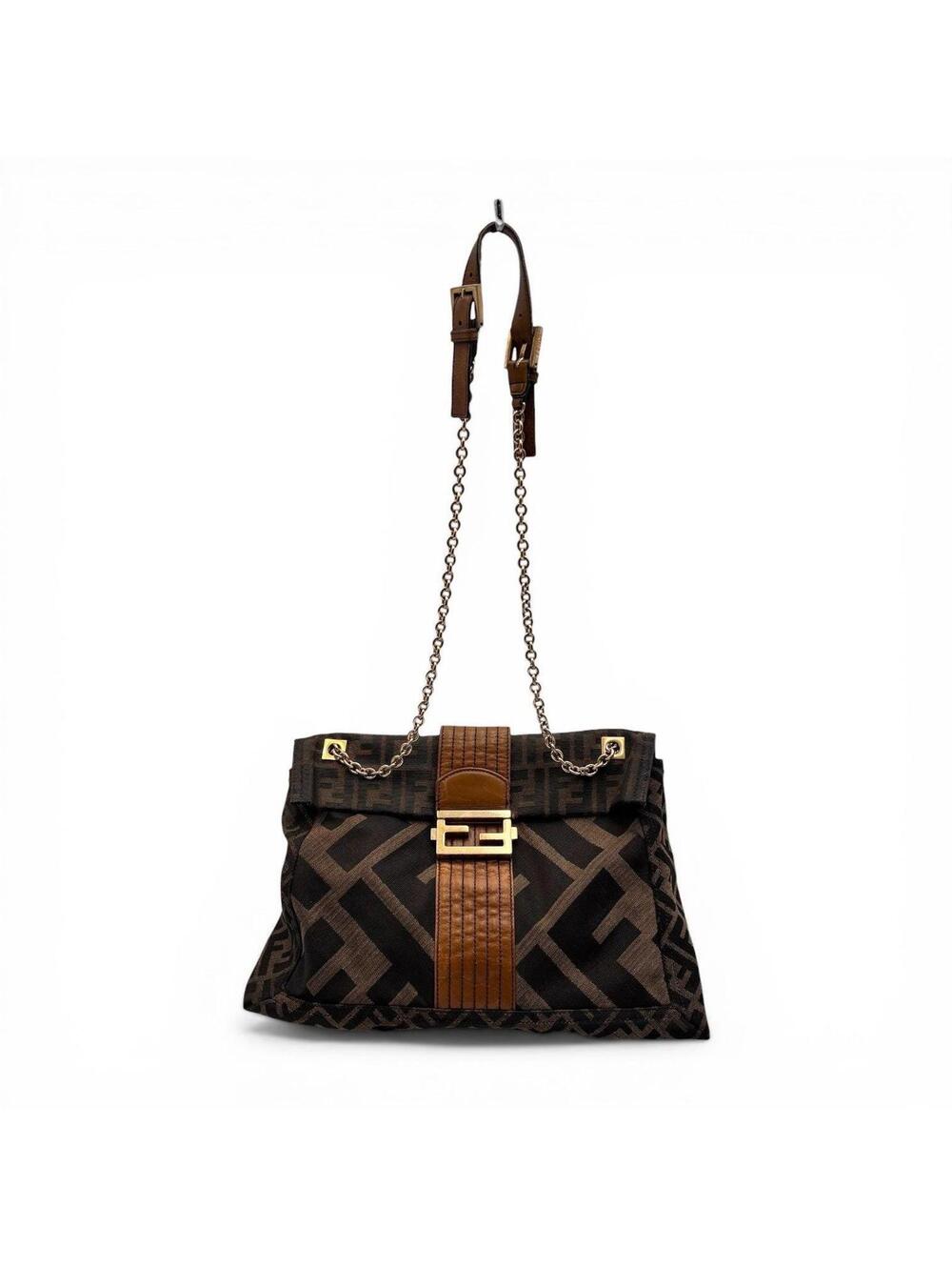 Fendi Zucca FF Canvas Shoulder Bag Brown Gold Hardware